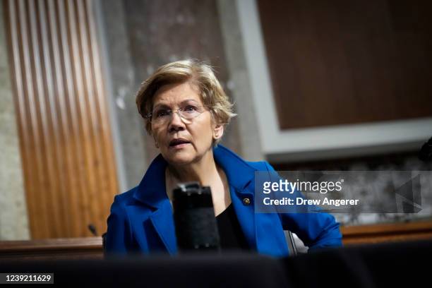 Sen. Elizabeth Warren attends a Senate Armed Services hearing on Capitol Hill March 15, 2022 in Washington, DC. The committee met to receive...