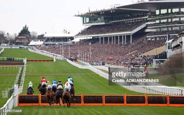 Spectators fill the stands as runners and riders compete in the Supreme Novices' Hurdle horse race on the first day of the Cheltenham Festival at...