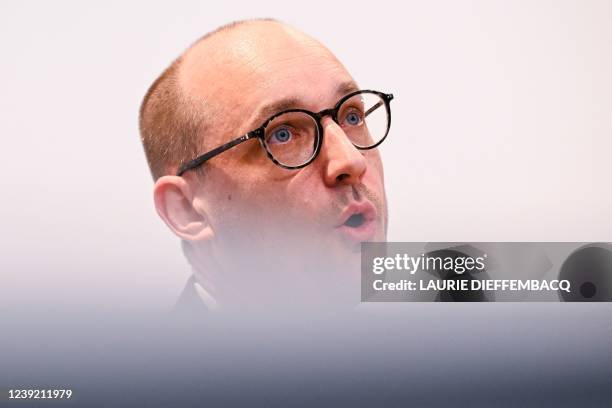 Vice-prime minister and Finance Minister Vincent Van Peteghem pictured during a press conference of the Federal Government regarding the measures...