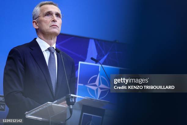 Secretary General Jens Stoltenberg speaks during a press conference ahead of the alliance's Defence Ministers' meeting at the NATO headquarters in...