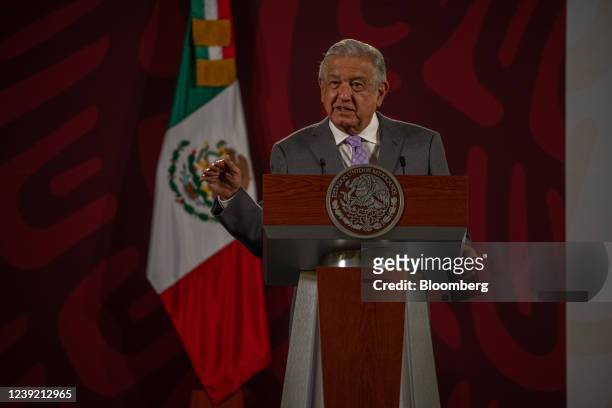 Andres Manuel Lopez Obrador, Mexico's president, speaks during a news conference in Mexico City, Mexico, on Tuesday, March 15, 2022. Lopez Obrador...