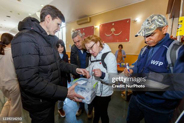 Members of the Slovak mission of the UN World Food Programme visit a restaurant offering free meals to internally displaced persons in Uzhhorod,...