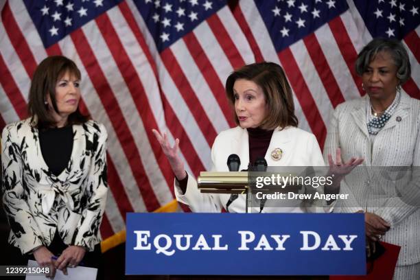 Flanked by Rep. Jackie Speier and Rep. Brenda Lawrence , Speaker of the House Nancy Pelosi speaks during an event to mark Equal Pay Day at the U.S....