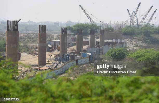 Project work going on near Mayur vihar Delhi Noida link road, on March 15, 2022 in New Delhi, India.