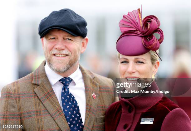 Mike Tindall and Zara Tindall attend day 1 'Champion Day' of the Cheltenham Festival at Cheltenham Racecourse on March 15, 2022 in Cheltenham,...