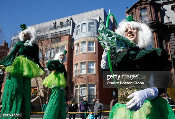 South Boston, MA Stilt walkers marched with the Hot Tamales during the Annual St. Patrick's Day parade in South Boston on March 18, 2018.