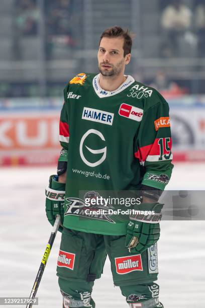 Blaz Gregorc of Augsburger Panther looks on during the Penny DEL match between Ausgburger Panther and Eisbären Berlin at Curt-Frenzel-Stadion on...