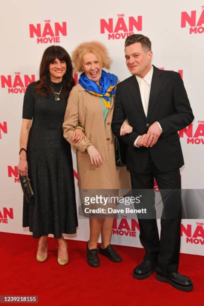 Niky Wardley, Catherine Tate as Nan and Mathew Horne attend a special screening of "The Nan Movie" at The Ham Yard Hotel on March 15, 2022 in London,...