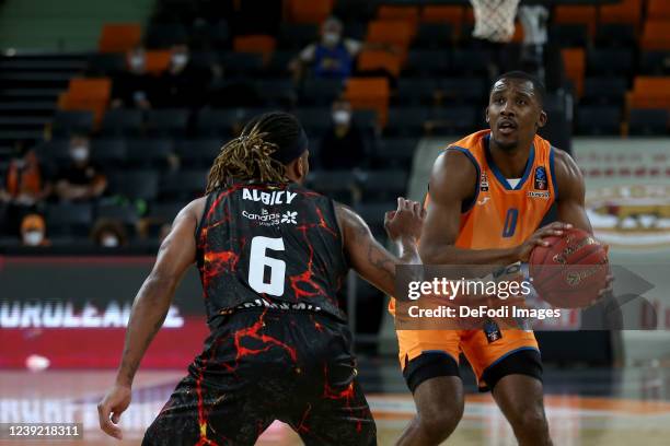 Andrew Albicy of Gran Canaria and Semaj Christon of ratiopharm ulm battle for the ball during the EuroCup Basketball match between Ratiopharm Ulm and...