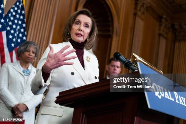 Speaker of the House Nancy Pelosi, D-Calif., conducts an event with the House Democratic Women's Caucus on Equal Pay Day "marking the date women must...