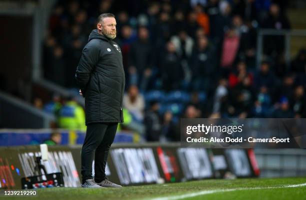 Derby County manager Wayne Rooney watches on during the Sky Bet Championship match between Blackburn Rovers and Derby County at Ewood Park on March...