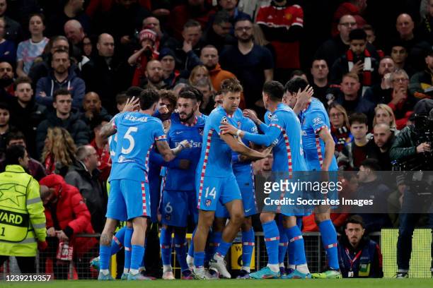 Players of Atletico Madrid celebrates the 0-1 during the UEFA Champions League match between Manchester United v Atletico Madrid at the Old Trafford...
