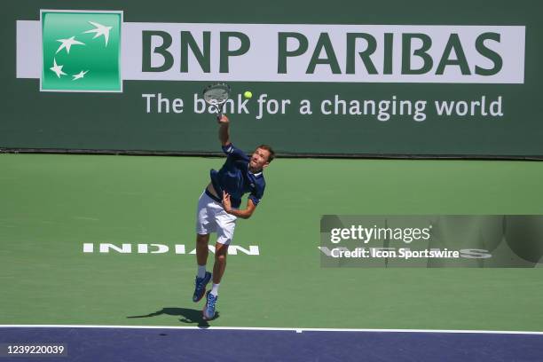 Daniil Medvedev serves during the BNP Paribas Open on March 14, 2022 at Indian Wells Tennis Garden in Indian Wells, CA.