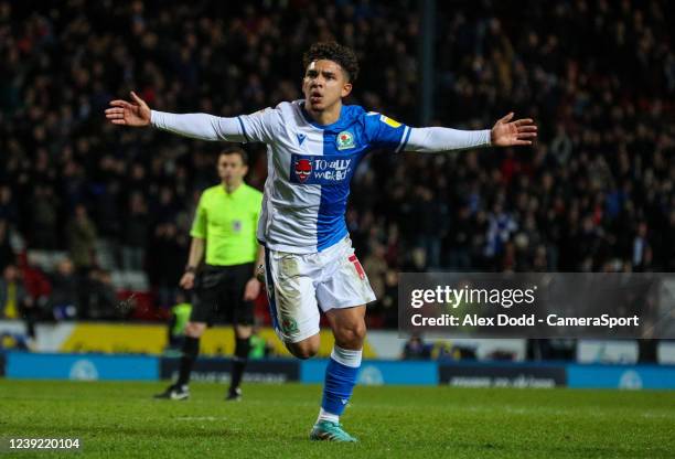 Blackburn Rovers' Tyrhys Dolan celebrates scoring his side's second goal during the Sky Bet Championship match between Blackburn Rovers and Derby...