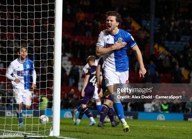 Blackburn Rovers' Sam Gallagher celebrates scoring his side's third goal during the Sky Bet Championship match between Blackburn Rovers and Derby...