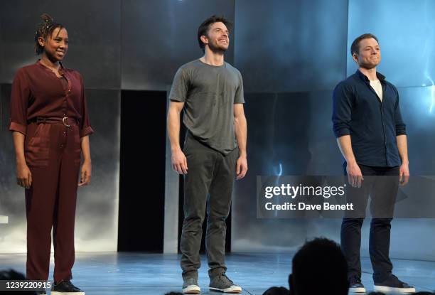 Cast members Jade Anouka, Jonathan Bailey and Taron Egerton bow at the curtain call during the press night performance of "Cock" at The Ambassadors...