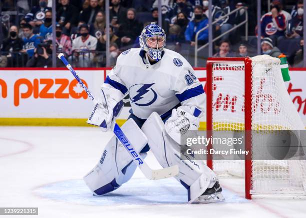 Goaltender Andrei Vasilevskiy of the Tampa Bay Lightning guards the net during first period action against the Winnipeg Jets at Canada Life Centre on...