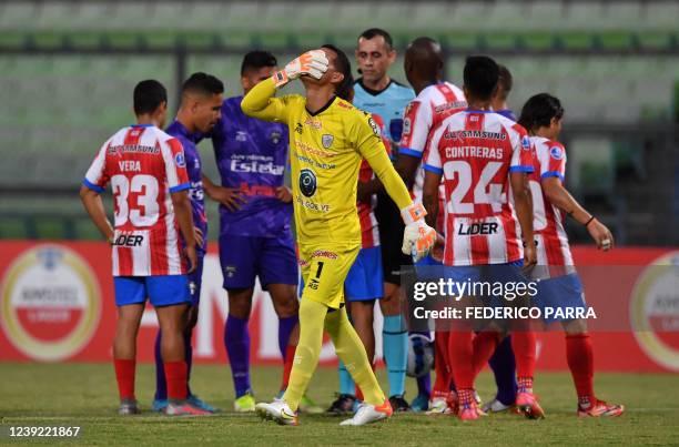 Estudiantes de Merida's goalkeeper Alejandro Araque reacts after receiving a red card during the Sudamericana Cup first round second leg...