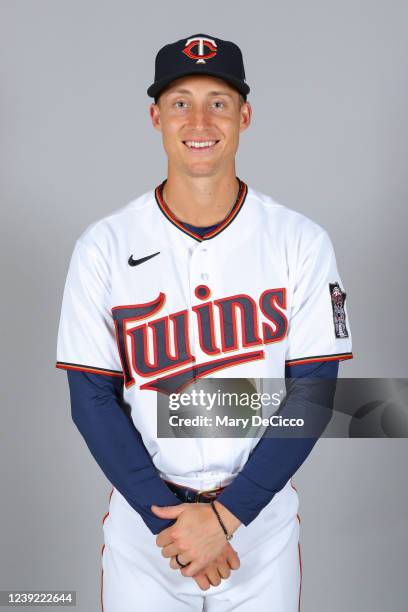 Griffin Jax of the Minnesota Twins poses for a photo during the Minnesota Twins Photo Day at Lee County Sports Complex on Tuesday, March 15, 2022 in...