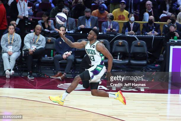Thanasis Antetokounmpo of the Milwaukee Bucks drives to the basket during the game during the Taco Bell Skills Challenge as part of 2022 NBA All Star...