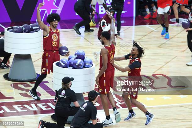 Jarrett Allen of the Cleveland Cavaliers Evan Mobley, Darius Garland celebrate during the Taco Bell Skills Challenge as part of 2022 NBA All Star...