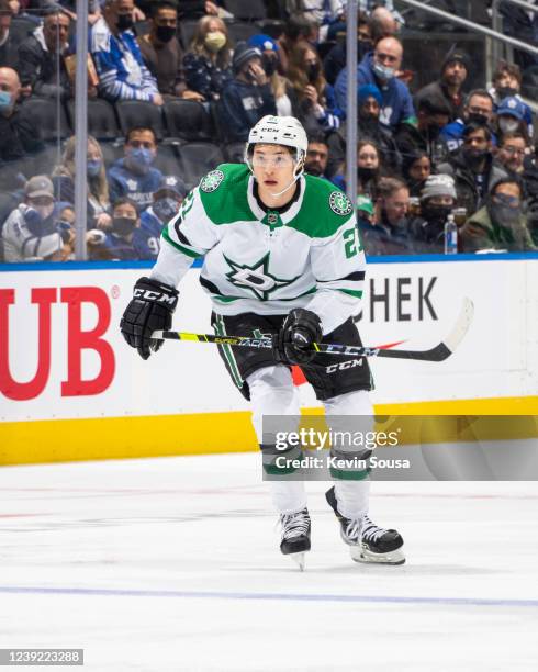 Jason Robertson of the Dallas Stars skates against the Toronto Maple Leafs during the first period at the Scotiabank Arena on March 15, 2022 in...