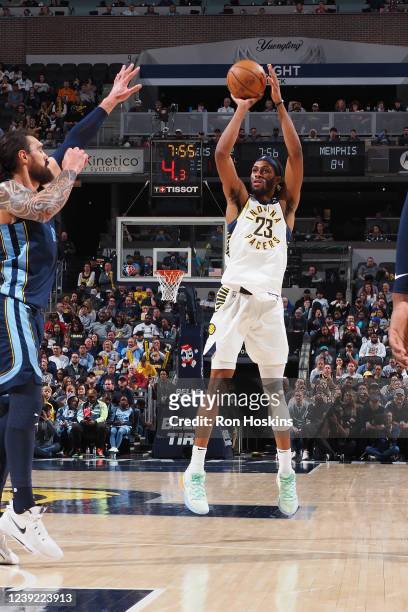 Isaiah Jackson of the Indiana Pacers shoots a three point basket during the game against the Memphis Grizzlies on March 15, 2022 at Gainbridge...