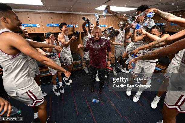 Head coach Johnny Jones of the Texas Southern Tigers celebrates their win over the Texas A&M Corpus Christi Islanders during the First Four round of...