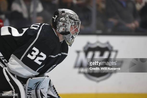 Los Angeles Kings goaltender Jonathan Quick ) looks on during the second period against the Colorado Avalanche at Crypto.com Arena on February 26,...