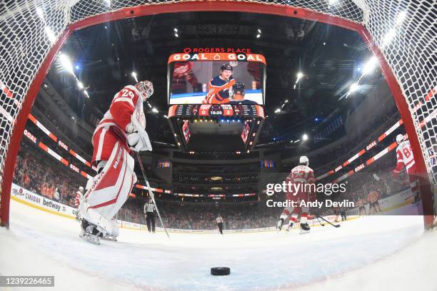 Thomas Greiss of the Detroit Red Wings looks down at the puck during the game against the Edmonton Oilers on March 15, 2022 at Rogers Place in...