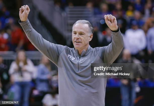 Head coach Jamie Dixon of the TCU Horned Frogs is seen during the game against the Texas Longhorns at T-Mobile Center on March 10, 2022 in Kansas...