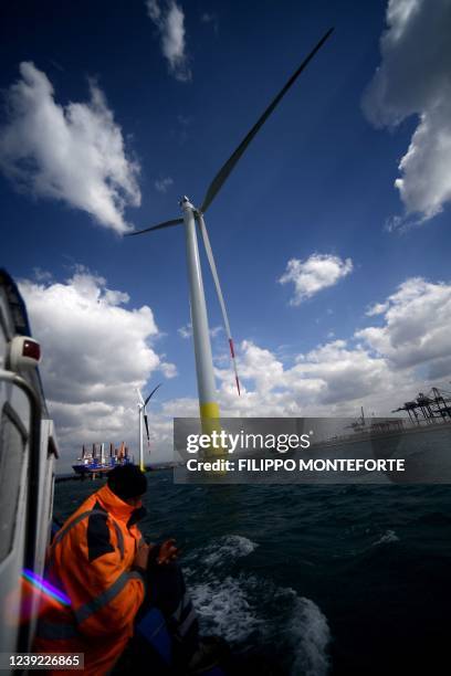 Wind turbine is pictured at the Taranto offshore wind turbines farm on March 10, 2022 in Taranto, southern Italy. - The Mediterranean's first...