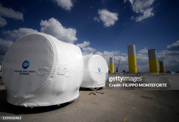 Wind turbines hubs manufactured by Ming Yang Smart Energy Group, are pictured within the assembly of wind turbines for the Taranto offshore wind...