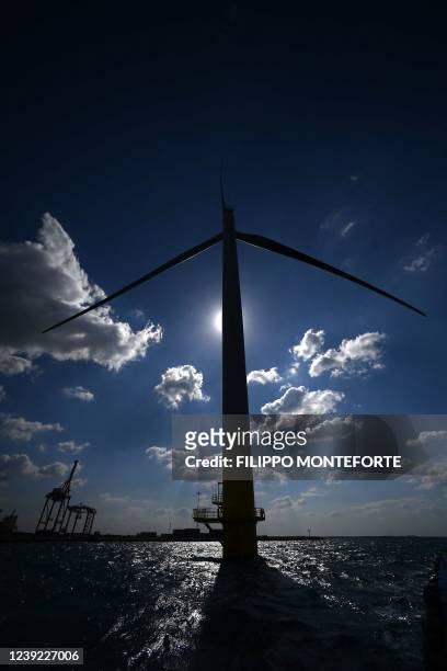 Wind turbine is pictured at the Taranto offshore wind turbines farm on March 10, 2022 in Taranto, southern Italy. - The Mediterranean's first...