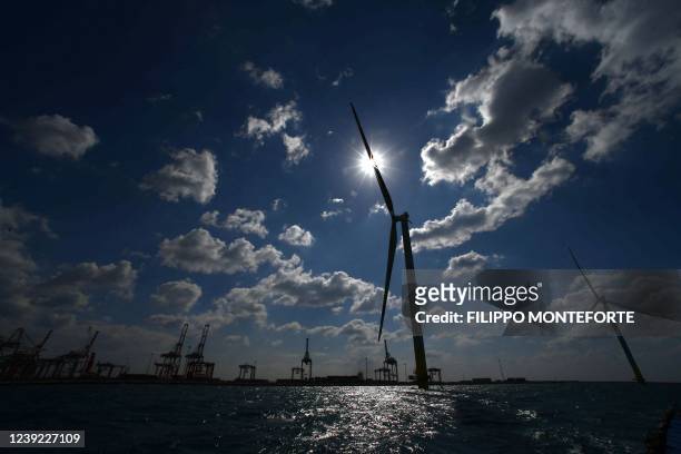 Wind turbines are pictured at the Taranto offshore wind turbines farm on March 10, 2022 in Taranto, southern Italy. - The Mediterranean's first...