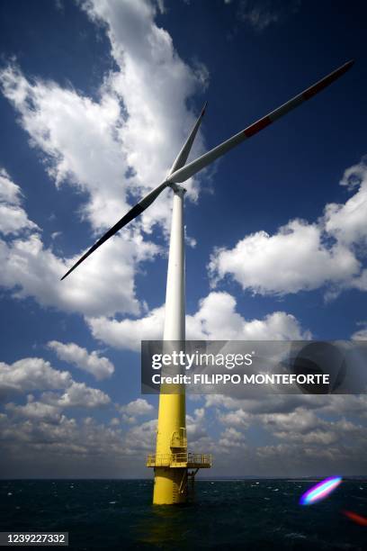 Wind turbine is pictured at the Taranto offshore wind turbines farm on March 10, 2022 in Taranto, southern Italy. - The Mediterranean's first...