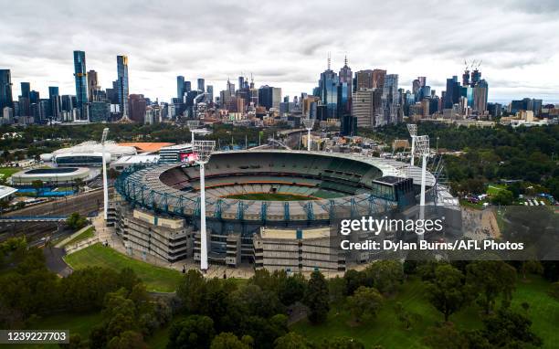 An aerial view of the Melbourne Cricket Ground during the 2022 AFL Round 01 match between the Melbourne Demons and the Western Bulldogs at the...