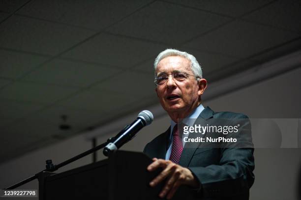 Former Colombian president Alvaro Uribe Velez speaks during the Centro Democratico political party meeting to choose a path for the 2022 presidential...