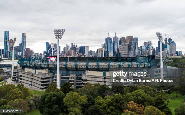 An aerial view of the Melbourne Cricket Ground during the 2022 AFL Round 01 match between the Melbourne Demons and the Western Bulldogs at the...