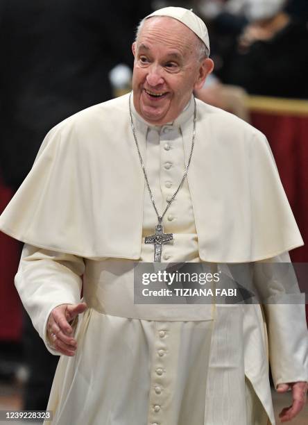 Pope Francis holds an audience on March 16, 2022 for the 50th anniversary of Milan's school "La Zolla", at St. Peter's basilica in The Vatican.