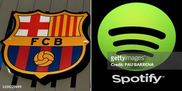 This combination of pictures created on March 16, 2022 shows Spanish football team FC Barcelona's badge on the facade of the Camp Nou stadium in...