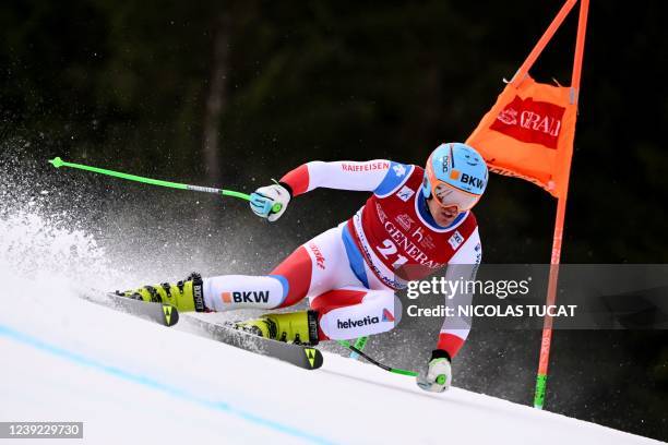 Swiss Stefan Rogentin competes during the Men's downhill of the FIS Alpine Ski World Cup finals 2021/2022 in Courchevel, French Alps, on March 16,...