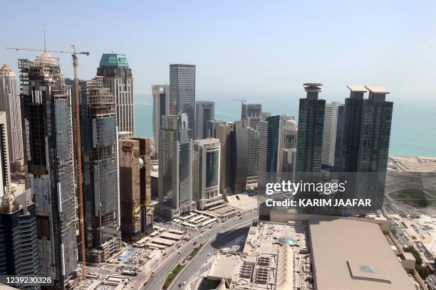 The view from a room at the Marriott Marquis hotel in the Qatari capital Doha on March 15, 2022. - Fans have sought 17 million tickets for this...