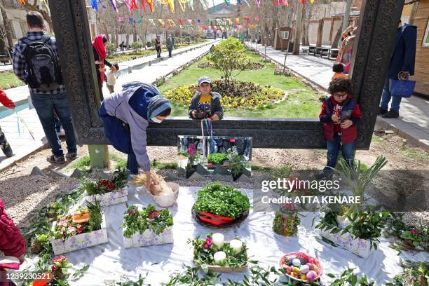 Iranians take photo with a traditional Haftsin, a symbolic arrangement of seven items whose names start with the letter 'S', at a park during an...