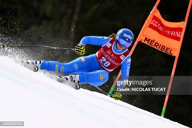 Italy's Elena Curtoni competes during the Women's downhill of the FIS Alpine Ski World Cup finals 2021/2022 in Courchevel, French Alps, on March 16,...