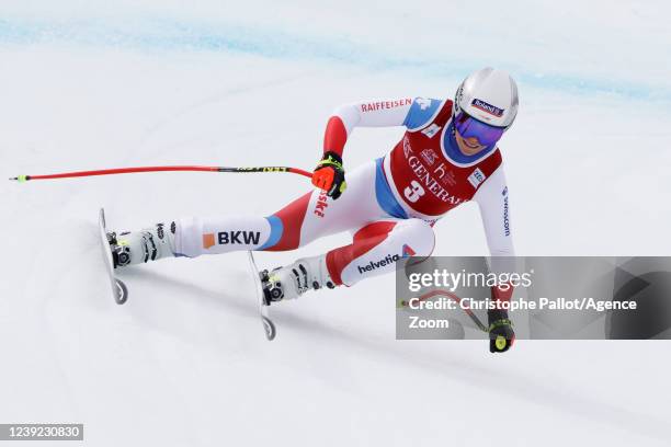 Corinne Suter of Team Switzerland competes during the Audi FIS Alpine Ski World Cup Women's Downhill on March 16, 2022 in Courchevel, France.