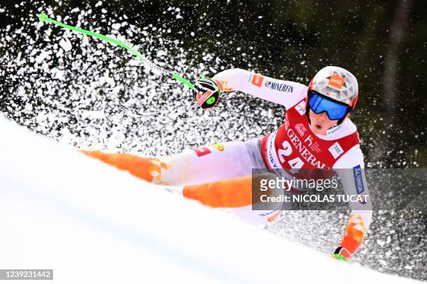 Slovakia's Petra Vlhova competes during the Women's downhill of the FIS Alpine Ski World Cup finals 2021/2022 in Courchevel, French Alps, on March...