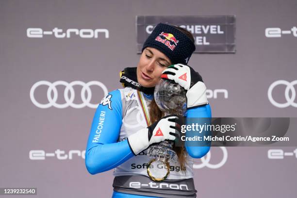 Sofia Goggia of Team Italy wins the globe in the overall standings during the Audi FIS Alpine Ski World Cup Women's Downhill on March 16, 2022 in...