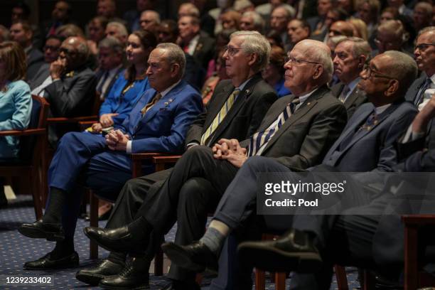 Senate Majority Leader Chuck Schumer , Senate Minority Leader Mitch McConnell and Sen. Patrick Leahy watch as President Volodymyr Zelensky of Ukraine...