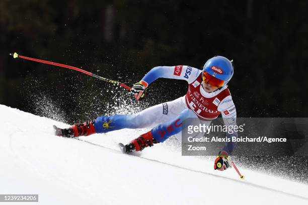 Mikaela Shiffrin of Team United States takes 1st place during the Audi FIS Alpine Ski World Cup Women's Downhill on March 16, 2022 in Courchevel,...
